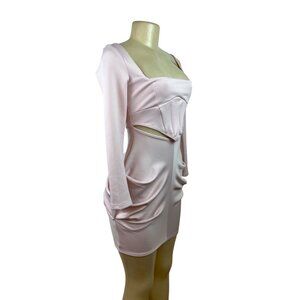 Asos Design Petite Pink Long Sleeve Mini Dress With Corset Detail & Cutout Sz 4P